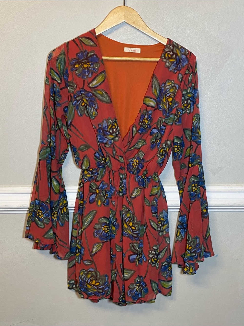Floral V-Neck Romper in Rust with Blue Blooms